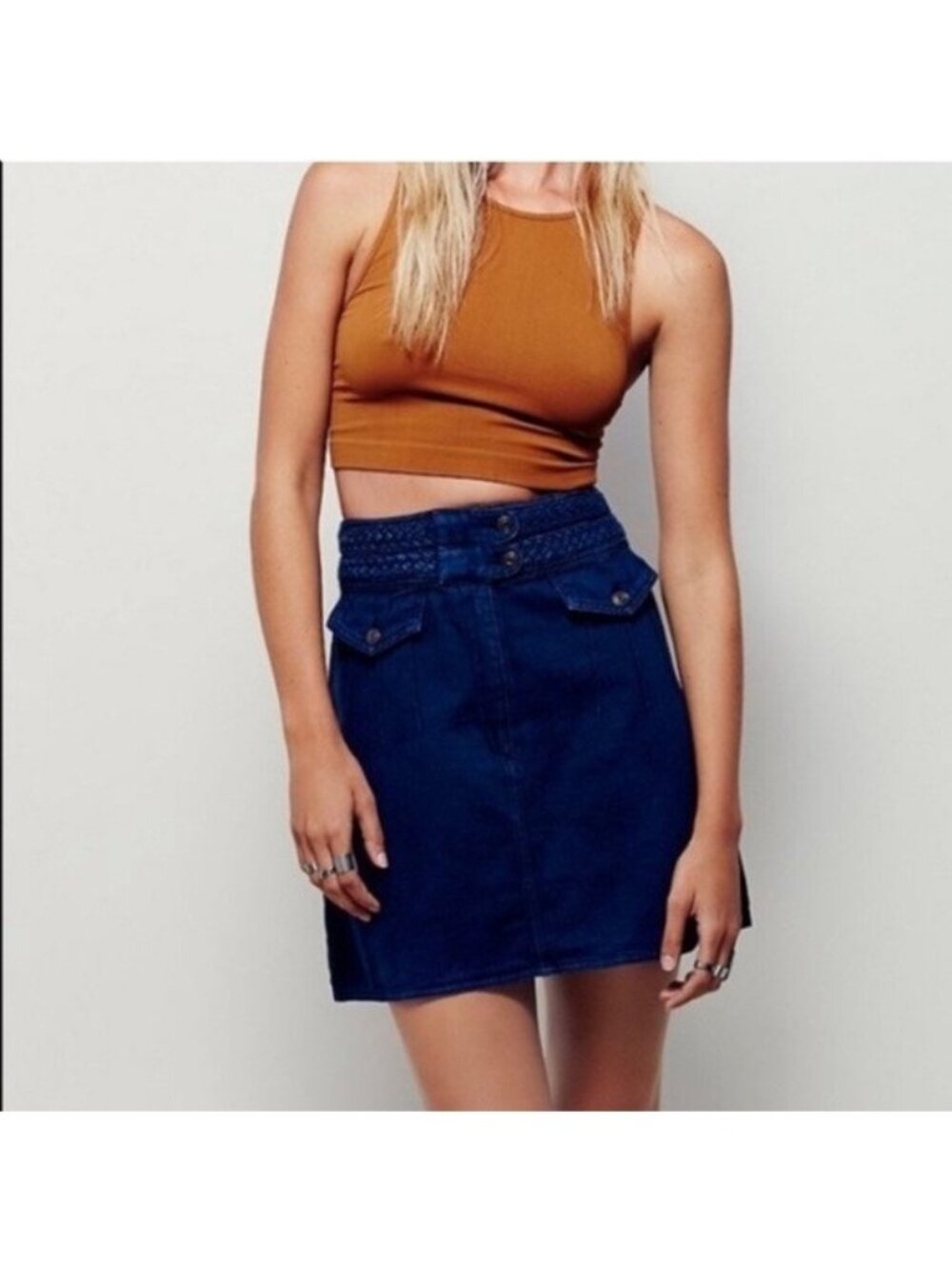 Free People Skirt Women 0 Extra Small Braided Baby Blue High Rise Jean Mini Hemp